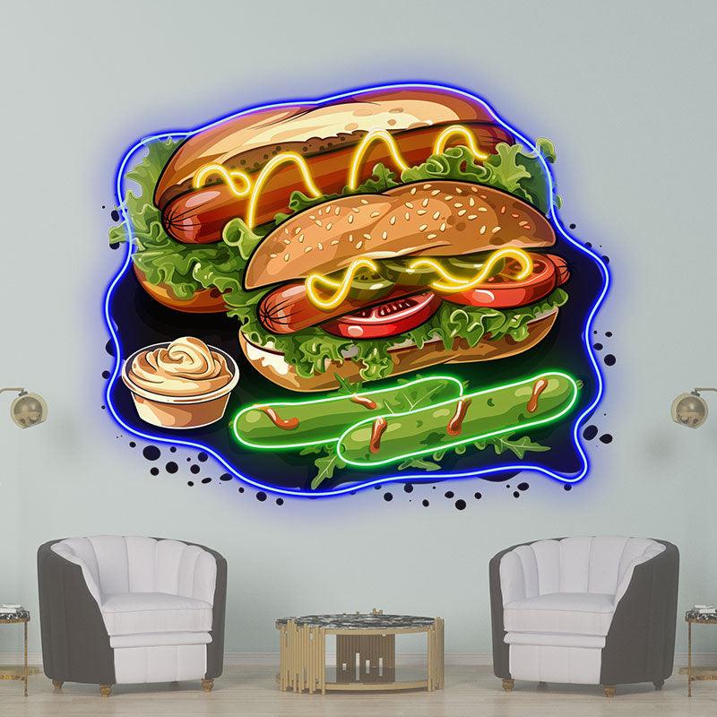 Tasty Burger Neon signs - Double Hot Dogs with Rich Vegetable Elements LED Light for Restaurant and Home Decoration