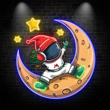Christmas miracle on the moon: astronauts in Santa hats, holding Christmas trees neon signs