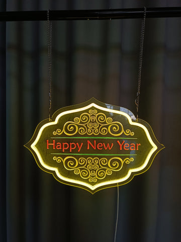 3D embossed neon sign, acrylic light guide plate, retro style, Happy New Year sign, customizable content and pattern