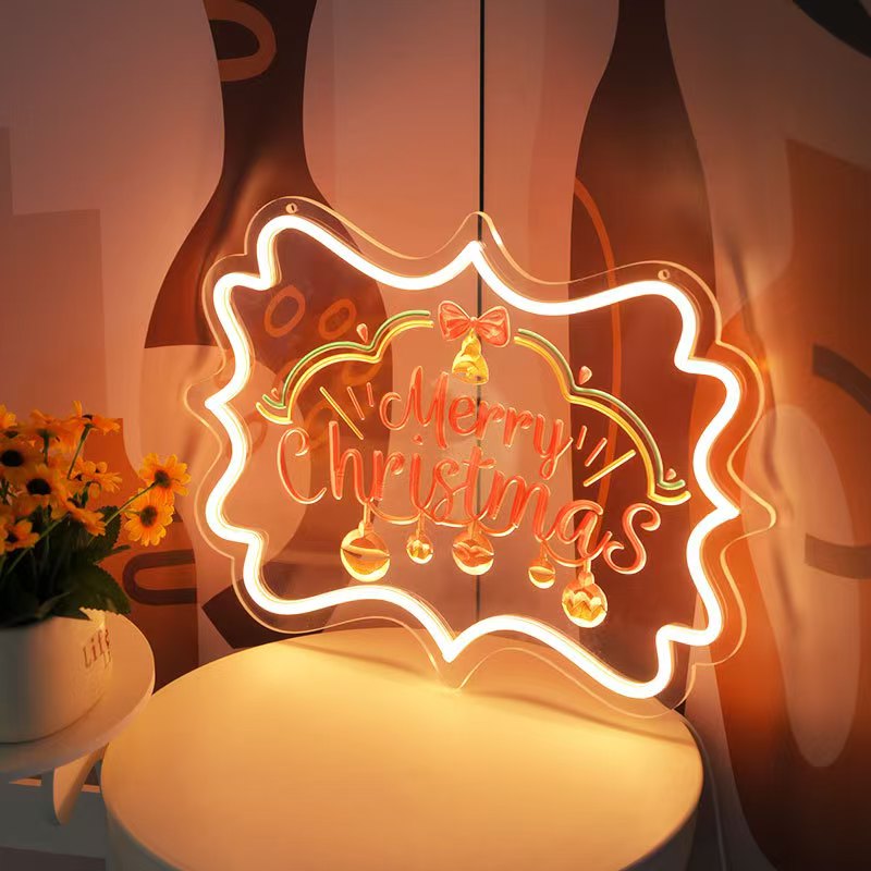 3D embossed neon sign, acrylic light guide, Christmas, bell, customizable content and pattern