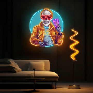 Drunken Skull Holding Beer Cup Neon Sign Light Artwork