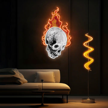 Infernal Glow: Skull & Fire Neon Sign Light Artwork