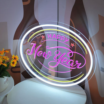 3D embossed neon sign, acrylic light guide plate, Happy New Year, festive customizable content and patterns
