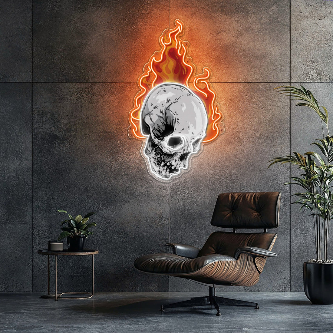Infernal Glow: Skull & Fire Neon Sign Light Artwork
