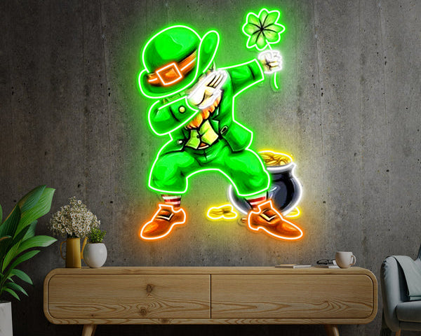 Patrick's Day Goblin Do A Dab and Hold A Four Leaf Clover Led Neon Sign Acrylic Artwork
