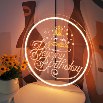 3D embossed neon sign, acrylic light guide plate, happy birthday, birthday cake, customizable content and pattern