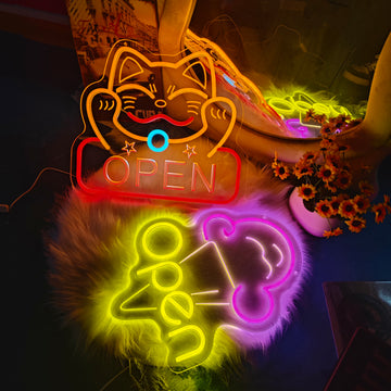 3D embossed neon signs, acrylic light guide plates, OPEN series signage with lucky cats, customizable content and patterns