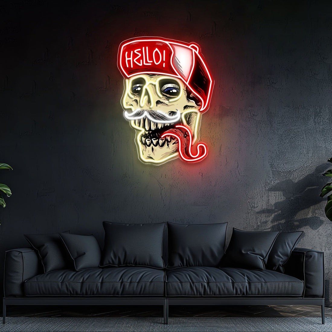 Skull Wearing Hello Hat Neon Sign Light Artwork