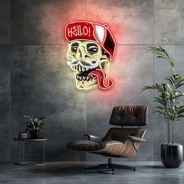 Skull Wearing Hello Hat Neon Sign Light Artwork