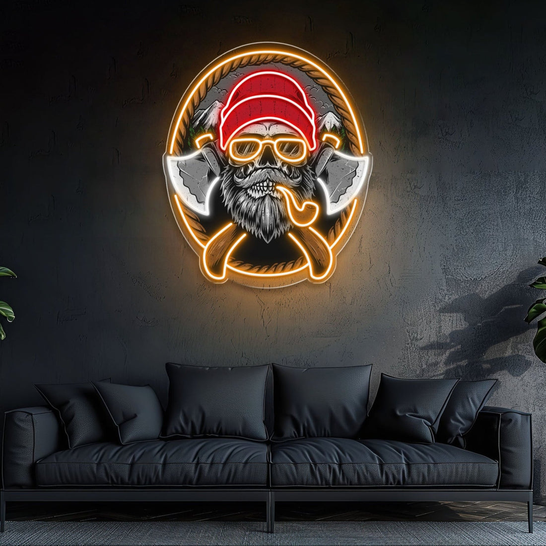 Beard Woodman Skull With Axe Neon Sign Light Artwork