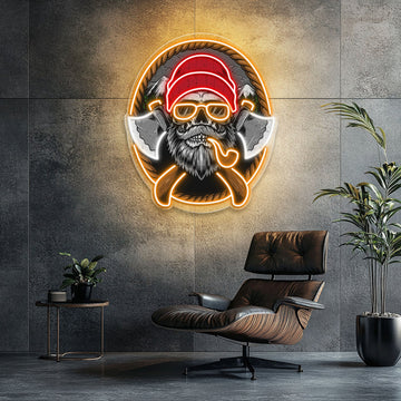 Beard Woodman Skull With Axe Neon Sign Light Artwork