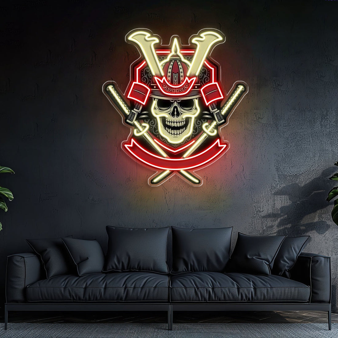 Japanese Samurai Skull Holding Katana Sword Neon Sign Light Artwork