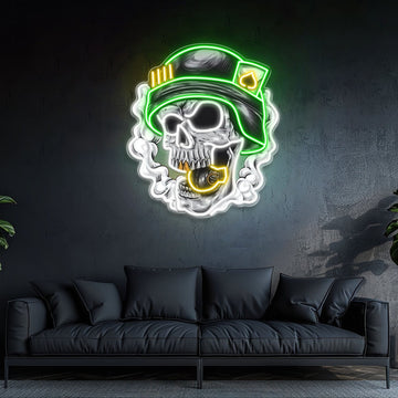Cool Skull Wearing Helmet With Smoke and Bomb Neon Sign Light Artwork