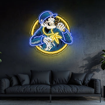 Smoking Weed Skull Rapper With Spiky Mic Neon Sign Light Artwork