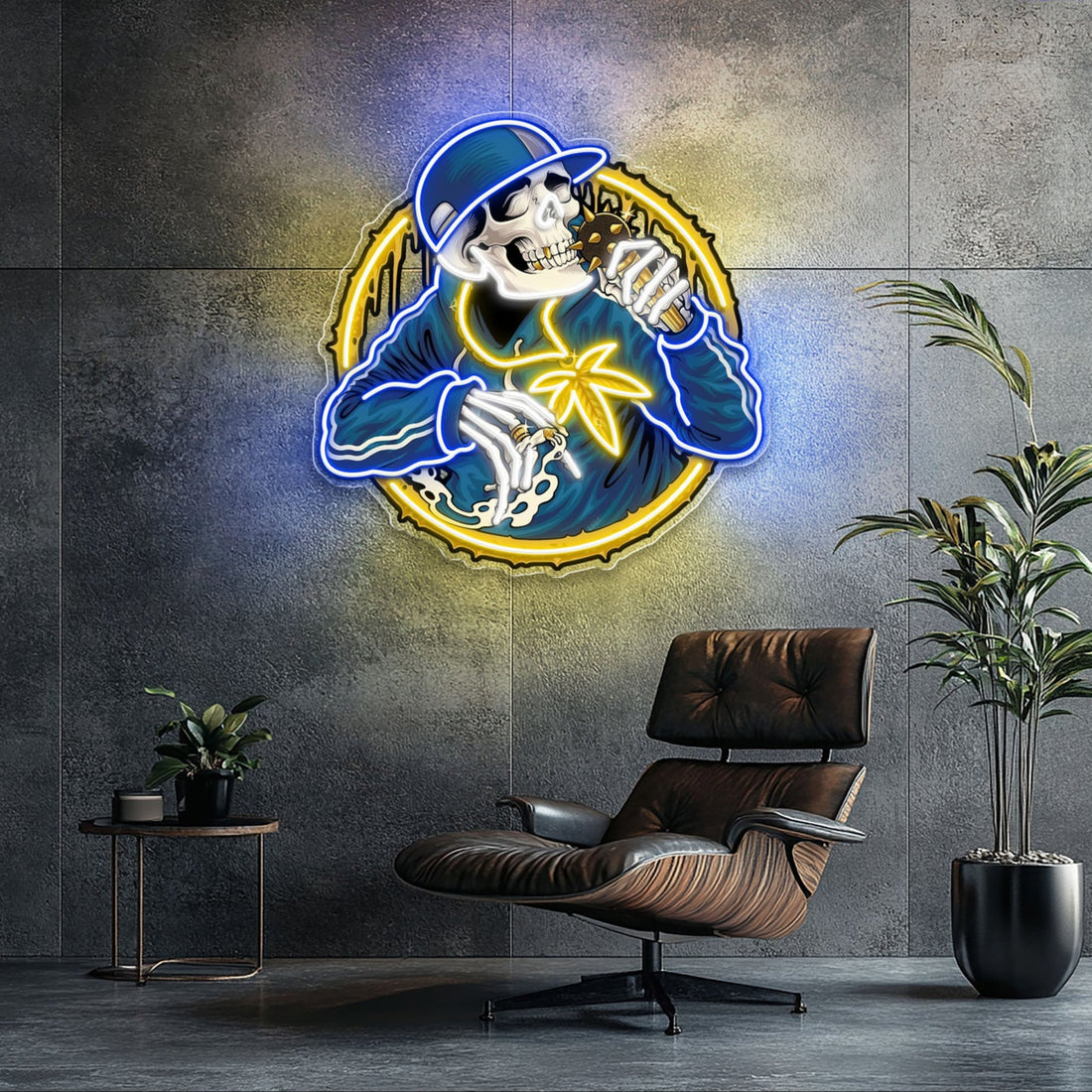 Smoking Weed Skull Rapper With Spiky Mic Neon Sign Light Artwork