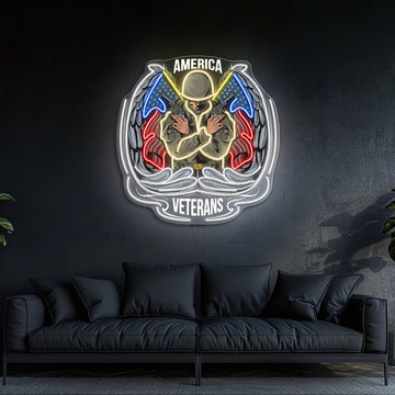 Angel Soldier hold Short Guns raise America Flags Neon Sign Light Artwork
