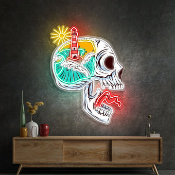 Beacon of the Damned: Skull & Lighthouse Neon Sign Light Artwork