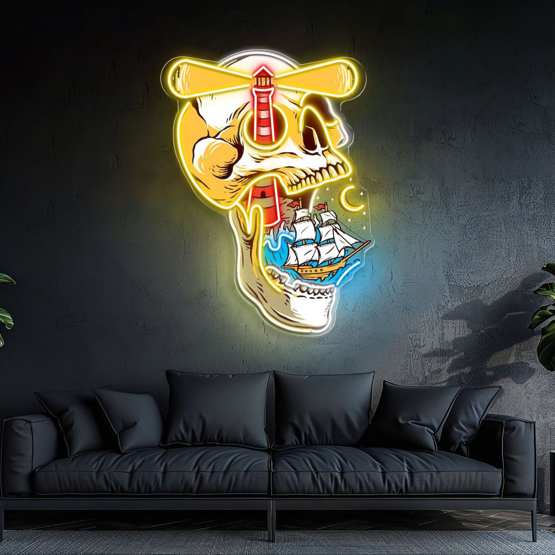 Ghost Ship's Beacon: Skull, Lighthouse & Ship Neon Sign Light Artwork