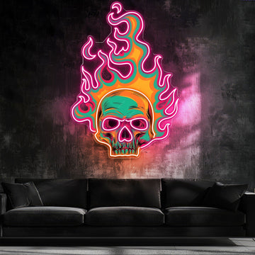 Colorful Fire Burning Skull Neon Sign Light Artwork