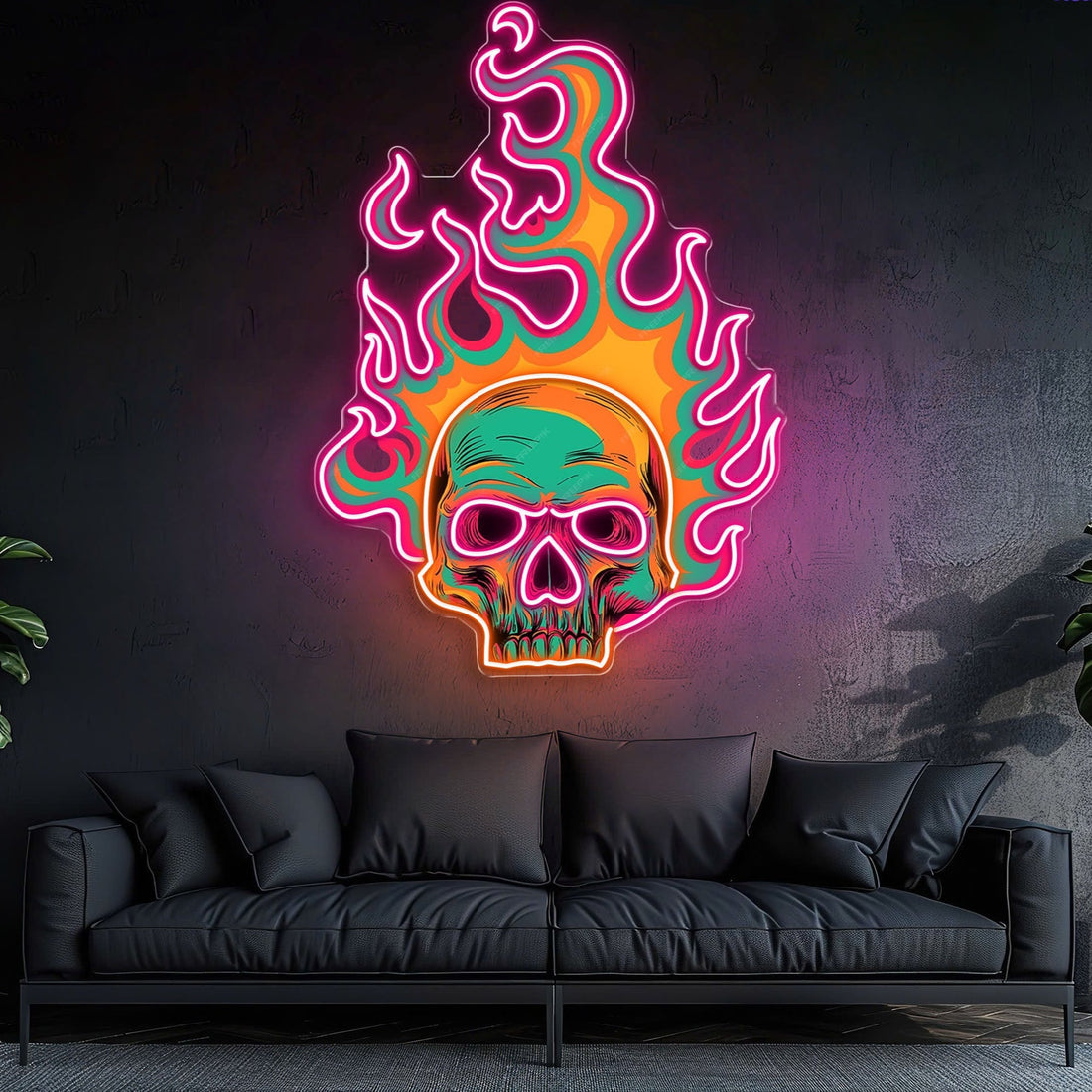 Colorful Fire Burning Skull Neon Sign Light Artwork
